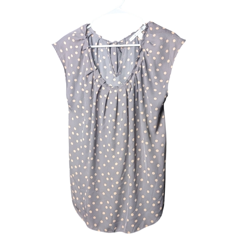 Lc Lauren Conrad Polka Dot Cap Sleeve Women's Large Blouse Gray Cream Tie Back